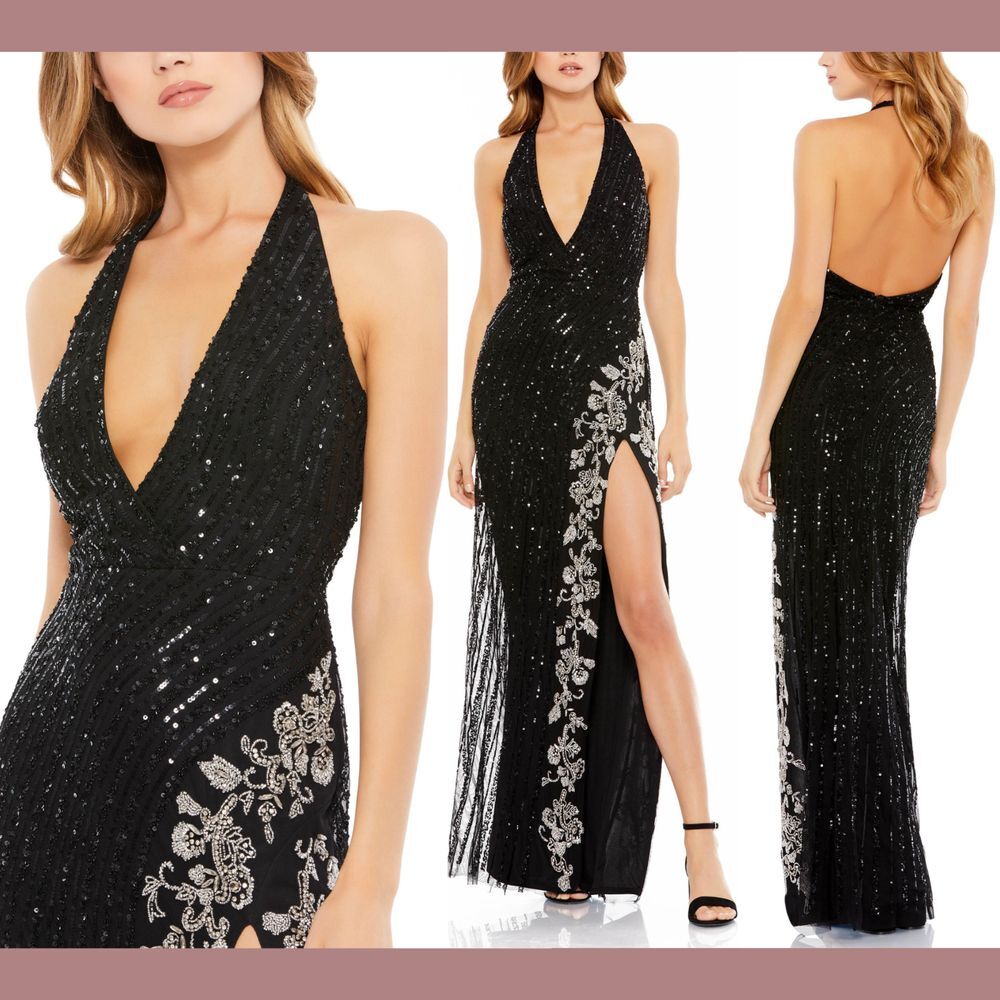 NWT Mac Duggal [ 4 ] Sequined Halter Strap Open Back Embellished Slit Gown S1016